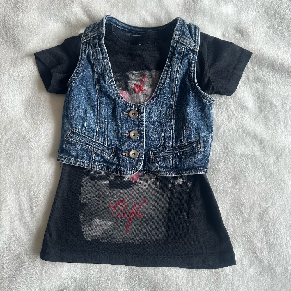 Mossimo Cropped Jean Vest With I Love NYC Black Graphic T-Shirt Sz. XS